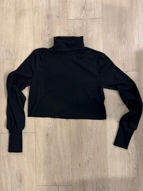 Black Cropped Ribbed Turtleneck Long-Sleeve Top